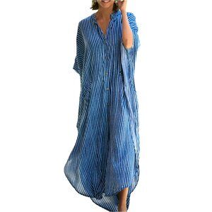 Button Down V Neck Kimono Sleeve Kaftan Beach Cover Up Maxi Dress